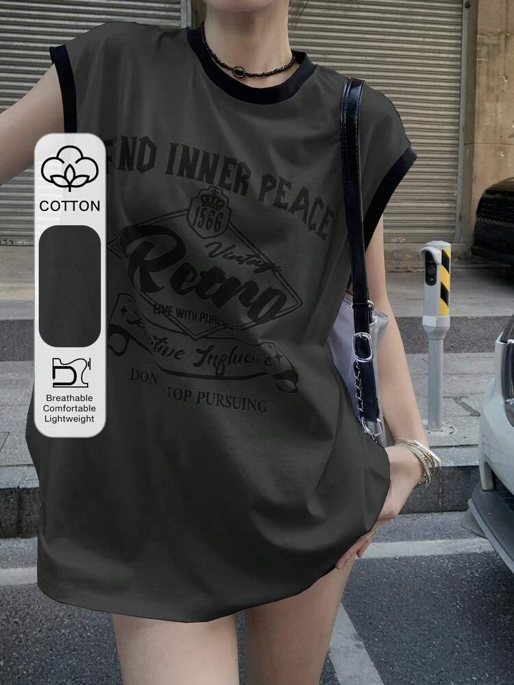 Women's Round Neck Letter Print Casual Loose Versatile Tank Top Oversize T Shirt Women