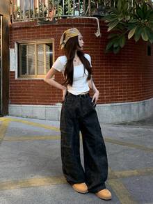 DAZY Women's Washed Silhouette Korean Style Wide Leg Casual Washed Denim Jeans - Grey - View 5