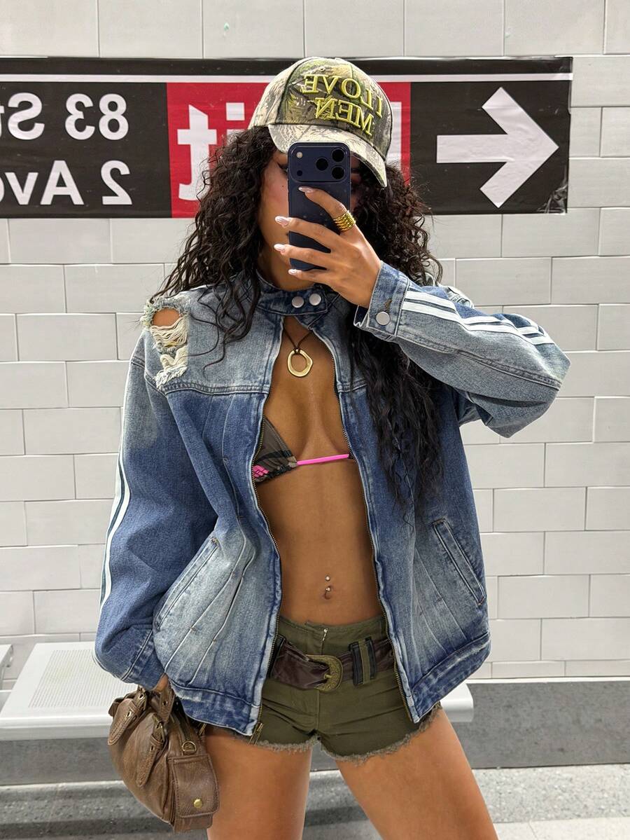 StreetHx 女士侧条纹落肩长袖拉链前开破洞牛仔外套 - 藍色 - 查看 1