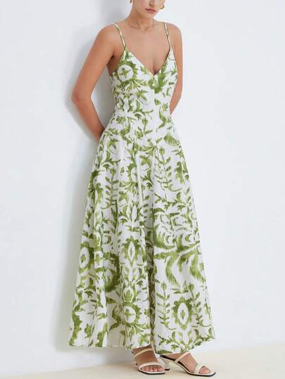 Frievida Đầm slip màu trắng nền xanh lá cây kiểu cổ điển, chất liệu giả vải lanh, họa tiết thắt nút tre, mỏng nhẹ, in ngẫu nhiên, thiết kế chân váy xòe tinh tế, đường viền gấu lãng mạn, kỹ thuật in ấn tinh xảo, phong cách tự nhiên phóng khoáng, thích hợp cho kỳ nghỉ hè, đi biển, tiệc tùng, dã ngoại, dạo chơi thường ngày.