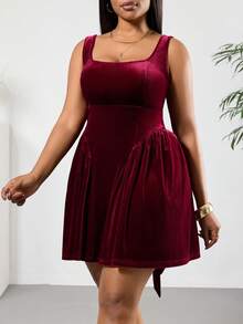 SHEIN PETITE CURVE 大码优雅纯色露背蝴蝶结装饰无袖连衣裙 - 酒紅色 - 查看 3