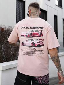 Artur Kramer Men's Fashionable Versatile Racing Culture Graphic Print Short Sleeve T-Shirt, 2000s Style - Pink - View 3