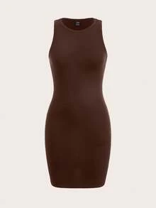 Attitoon Casual Minimalist Versatile Women Round Neck Bodycon Mini Dress, Suitable For Summer - Brown - View 5