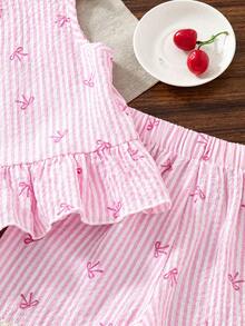 Young Girls T-Shirt Set, Sleeveless Top + Ruffle Hem Babydoll Style, Paired With Matching Shorts, Overall Fresh Casual Set; Soft Pink Tone + Bow Accent, Typical Sweet Style Suitable For Spring-Summer - Pink - View 5