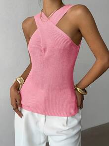 Selianne 女士纯色吊带休闲百搭日常针织上衣 - 粉色 - 查看 5