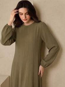 Graceveil 橄榄绿圆领长袖优雅法式长袍 - 軍綠色 - 查看 5