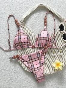 Swim Mod Summer Women 2pcs Gingham Print Beaded Spaghetti Strap Crop Top & Ruched Bikini Bottom Swimsuit Set - Multicolor - View 3