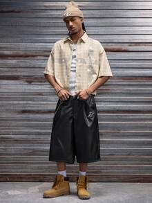 AXEPEAK Men's Plaid Rhinestone Embellished Single-Breasted Casual Commuter Short Sleeve Shirt - Khaki - View 7