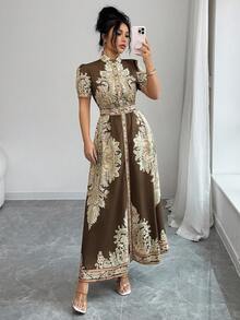 Rafferiza Đầm sơ mi dáng chữ A tay ngắn cổ đứng cài cúc phía trước, thanh lịch, đa năng, phù hợp đi làm và đi nghỉ mát, màu xanh lá cây, họa tiết paisley cổ điển, dáng dài maxi cho nữ, mùa xuân/hè. - màu xanh lá - Xem 5