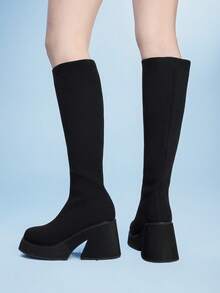 Sugerpunk Women's Embroidered Round Toe Platform Mid-Calf Boots, Fashionable Ankle Boots With Western Style Valentine's Day - Black - View 4