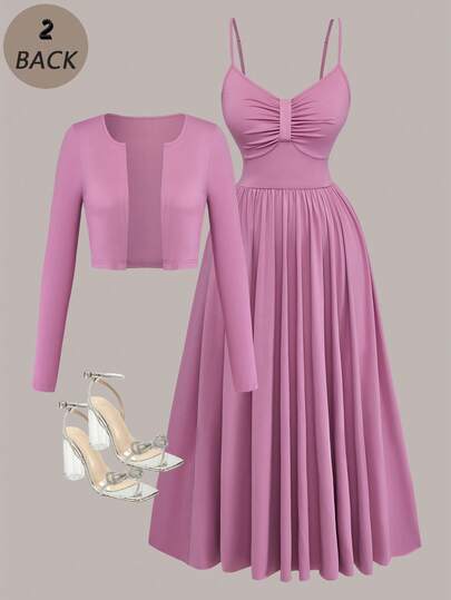 Franclia Plus Size Women Long Sleeve Cardigan & Slip Dress 2 Piece Set, Knit Fabric, Purple, Sexy & Elegant Outfit, Suitable For Date, Thanksgiving, Graceful Women 2 Piece Set