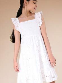 SUMWON 少女方领荷叶袖棉质镂空连衣裙，饰有刺绣细节，中长款，夏季休闲度假风 - 白色 - 查看 5