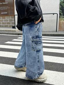 SHEIN Young Boy Baggy Denim Jeans,Street Cool Khaki Cargo Pocket Pants,Casual Versatile Kids Fall Clothes,Summer,Career Day,Back-To-School Cargo Jeans - Light Wash - View 3