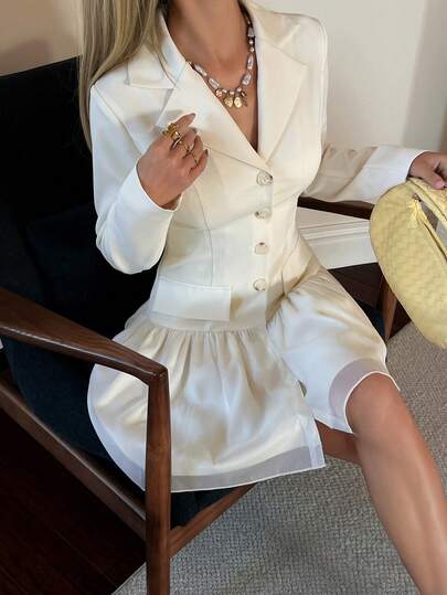 DAZY 女士优雅拼接西装领假口袋白色迷你连衣裙，春夏婚礼宾客礼服