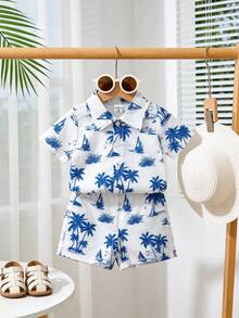 SHEIN Playful Pals 2件組白色夏季趣味海灘度假套裝 幼童男嬰夏威夷襯衫與短褲 椰子樹圖案 6個月-3歲 - 藍白色 - 查看 2