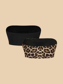 SHEIN SXY 2 Packs Women's Stretch Strapless Casual Versatile Sexy Cropped Tops With Built-In Bra Pads,Tube Top, Leopard Print , Cheetah Print - Multicolor - View 2