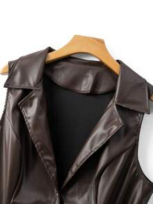 GlowEve CURVE 大码时尚百搭通勤系带无袖皮夹克 - 棕色 - 查看 5