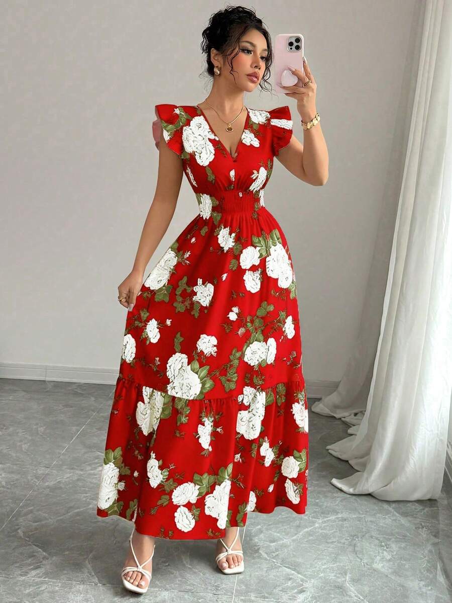 Rafferiza Đầm nữ cổ chữ V tay ngắn, họa tiết phối màu tương phản lãng mạn. - Đỏ - Xem 1