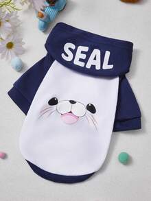 PETSIN 1pc Polyester Animal-Themed, Letter-Print, Warm Hooded Sweatshirt Suitable For Cats And Dogs, Both Indoors And Outdoors. - Blue and White - View 3