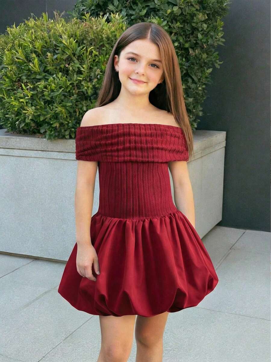 SHEIN 少女优雅撞色拼接露肩褶皱泡泡下摆两件式连衣裙，休闲丝绒连衣裙，酒红色 - 紅色 - 查看 1