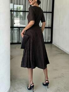 Lavishia Elegant Jacquard Textured Fabric Midi Dress With Round Neck - Brown - View 8