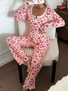 Dream Adore Lace Trim Square Collar Red Lip Print Jacquard Knit Long Sleeve Pajama Set - Beige - View 3