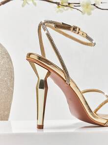 SHUZIA Women's Elegant Minimalist Point Toe Rhinestone Ankle Strap Stiletto Heel Sandals - Gold - View 7