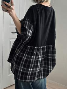 FRIFUL Women's Plaid Short Sleeve Loose Casual Versatile T-Shirt, Spring/Summer - Black - View 3