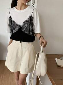 DAZY Women Lace Camisole & Short Sleeve T-Shirt, Casual Look Summer - White - View 2
