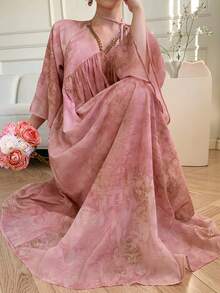 DAZY 女士优雅碎花V领中长连衣裙，春夏婚礼宾客礼服 - 粉色 - 查看 7