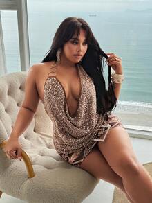 Rustia Plus Size Women Sexy Solid Color Mesh Beaded Low Neck Metal Decor Spaghetti Strap Camisole Tank Top - Brown - View 3