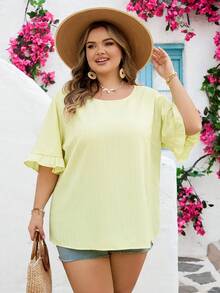 SHEIN CURVE+ Áo kiểu nữ cỡ US22, phong cách Bohemia, tay ngắn bèo nhún, vạt áo rộng rãi, thích hợp mặc hàng ngày và đi nghỉ mát, mùa hè, cỡ lớn, phong cách Boho, áo casual cho kỳ nghỉ hè/đồng quê/bãi biển. - Màu vàng - Xem 9