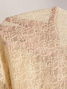 Freevana Bohemian Apricot Lace Open Shoulder Blouse, Sheer Floral Puff Sleeve Layered Ruffle Trim Loose Vacation & Commute Versatile Elegant Blouse For Women - Apricot - View 8