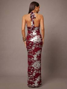 黑色金色系带露背针织连衣裙，金属箔连衣裙，网纱镂空长裙，休闲/约会/外出/夜店派对/聚会装扮，适合圣诞节穿着 - 酒紅色 - 查看 2