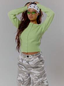 MUSERA Knit Button Down Fitetd Cardigan Streetwear Coolgirl Winter Sexy Casual Odd Drift - Green - View 5