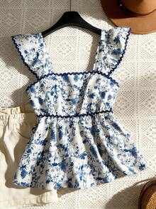 GlowEve Women's Casual Shirt With Ruffle Floral Print And Flutter Sleeves - Blue and White - View 1