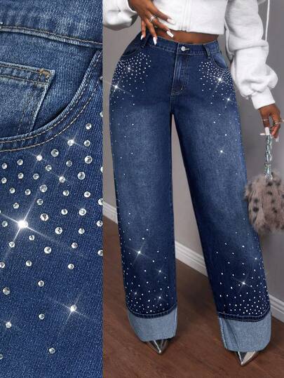 Slaydiva Plus Size Women High Waist Pockets Rhinestone Embellished Wide Leg Loose Casual Jeans Bling Jeans Pearl Jeans Star Pants Rhinestone Denim Embellished Jeans Black Jeans