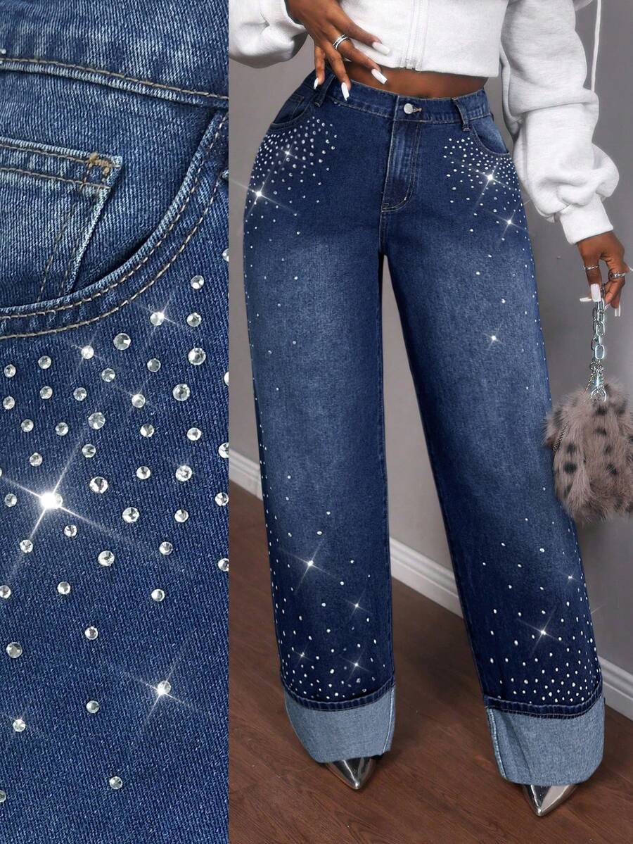 Slaydiva Plus Size Women High Waist Pockets Rhinestone Embellished Wide Leg Loose Casual Jeans Bling Jeans Pearl Jeans Star Pants Rhinestone Denim Embellished Jeans Black Jeans - Dark Wash - View 1