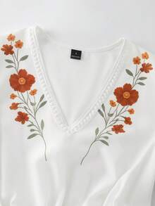 SHEIN LUNE 女士碎花荷叶边V领短袖休闲连衣裙 - 白色 - 查看 3