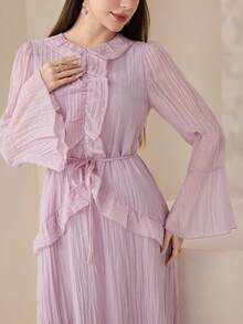 Veilorie Vestido elegante de estilo árabe con mangas acampanadas y ribete de volantes en unicolor para mujer - Rosa vieja - Ver 2