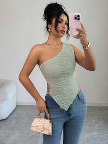 SHEIN Elenzya 女士新款春夏秋季休闲通勤旅行上衣，纹理面料，不对称下摆，不对称斜肩设计，侧边金属装饰，适合女性在秋季、情人节、新年、假期、万圣节、圣诞节等场合穿着。 - 綠色 - 查看 6