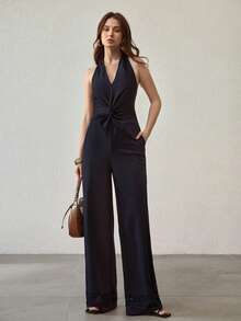 MOTF PREMIUM WOMEN'S ELEGANT V-NECK TWIST WAIST JUMPSUIT - Navy Blue - View 5