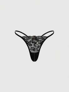 ROMWE 1 chiếc quần lót G-string nữ kiểu Gothic ren hoa đính đá. - màu đen - Xem 3