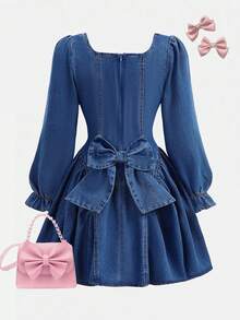 SHEIN 女童3D蝴蝶结装饰深蓝色牛仔连衣裙 - 深色水洗藍 - 查看 2