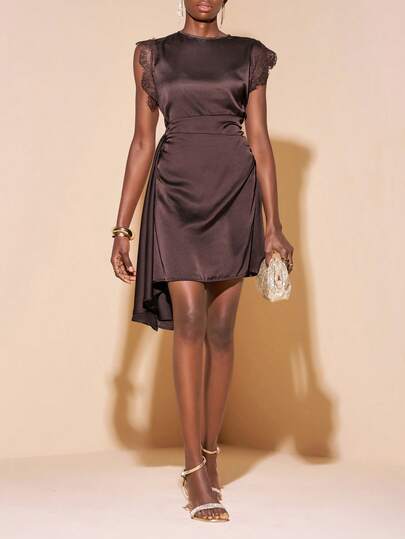 Zivah 2026 Spring/Summer New Arrivals Women's Brown Lace-Trimmed Satin Asymmetric Sleeveless Dress, Suitable For Vacations, Travel, Parties, Gatherings, Wedding Guest Attire, Cruises, Evenings, Beach Sunbathing, Nighttime Outings, Brunch, Shopping, Valentine's Day, Formal Occasions, Dinner Parties, Music Festival, Birthday Party, Casual, Everyday Wear, Festival, Holiday Outing.