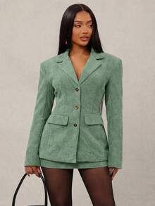 Radiana Set elegante vintage da pendolare in velluto a coste verde - blazer aderente + gonna a vita bassa 2 pezzi (inclusi i cuscinetti per le spalle), set elegante francese per appuntamenti, feste, vacanze, occasioni formali - Verde - Visualizzare 3