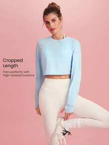GLOWMODE Pima Cotton Win Soft Stretchy Breathable Overlapping Back Flap Ribbed Neckline Cuffs Thumbholes Long-Sleeve Crop Top Gym Workout Spring - Blue - View 2