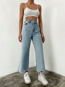 EURMUSE Jeans anchos casuales de algodón 100% con bolsillos rasgados en diagonal - Lavado ligero - Ver 5
