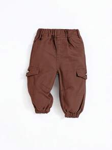SHEIN Pantalones vaqueros cargo informales de unicolor con cintura elástica para niños pequeños - Óxido marrón - Ver 1