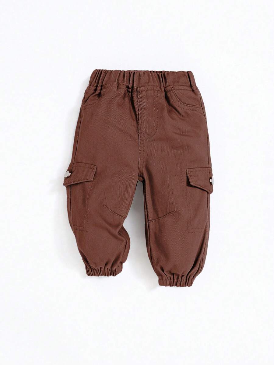 SHEIN Pantalones vaqueros cargo informales de unicolor con cintura elástica para niños pequeños - Óxido marrón - Ver 1